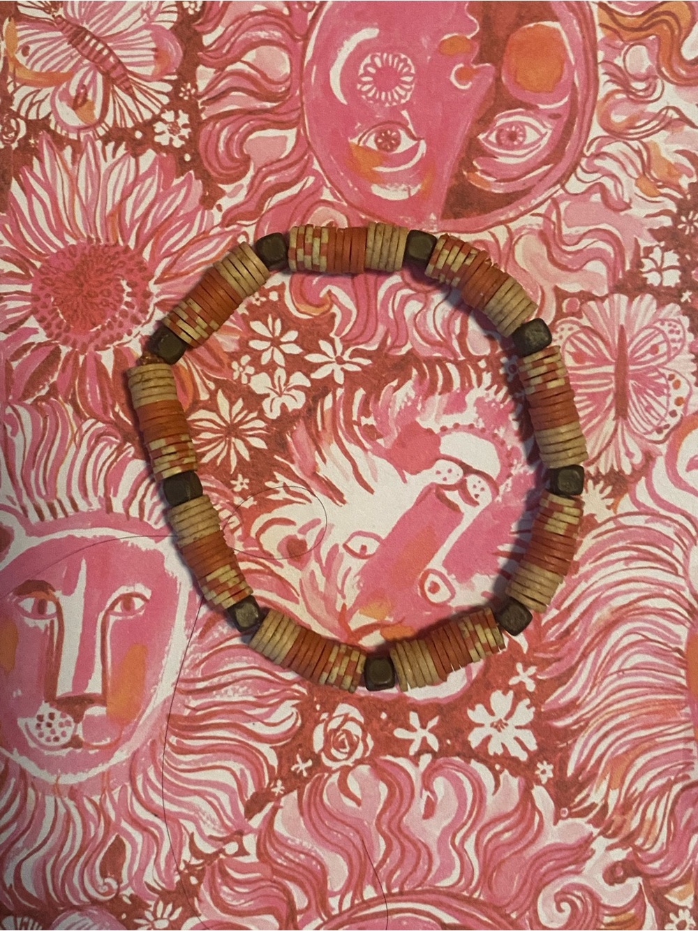 Pink & Earthy Tones Faux Wooden Beaded Stretchy Bracelet